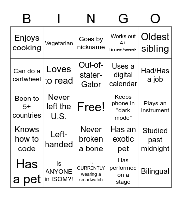 New Peer Leader Bingo Card