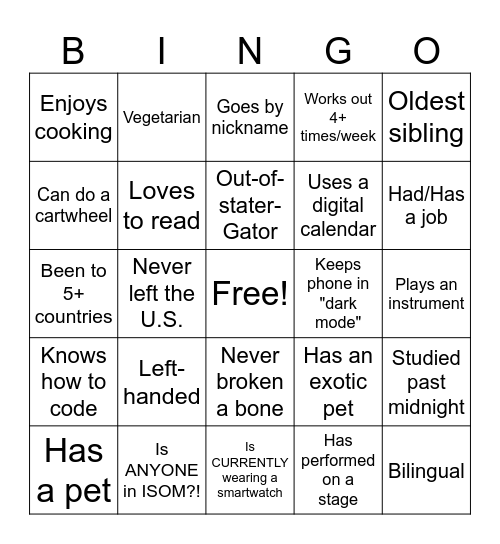 New Peer Leader Bingo Card