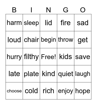 Synonyms Bingo Card