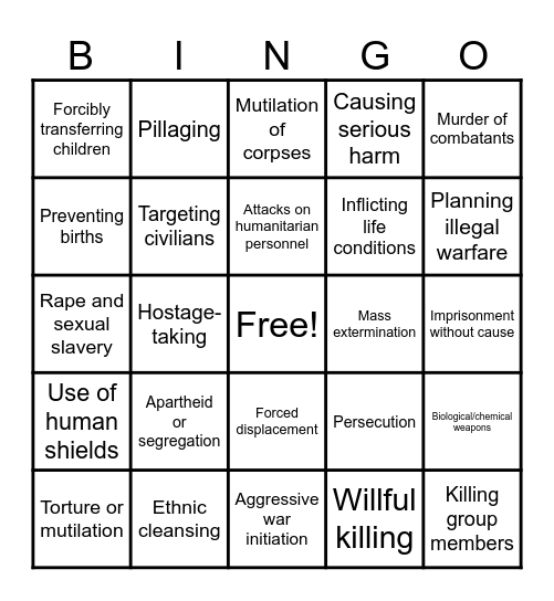 War Crime Bingo Card