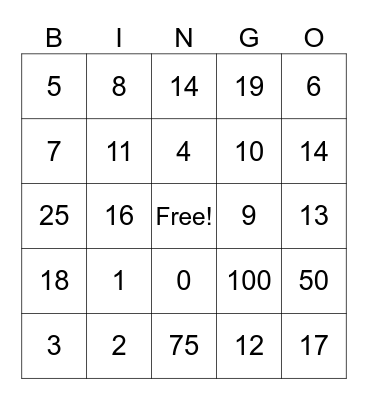 Kindergarten Bingo Card