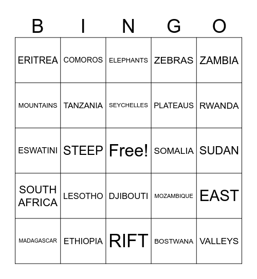 EAST AND SOUTHERN AFRICA Bingo Card