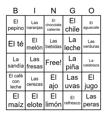 Spanish food/drink Bingo Card