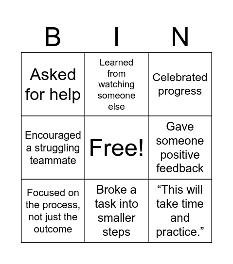 Growth Mindset Bingo Card