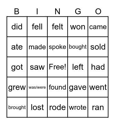 Irregular Verbs Bingo Card