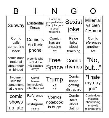 Open Mic Bingo Card