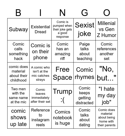 Open Mic Bingo Card