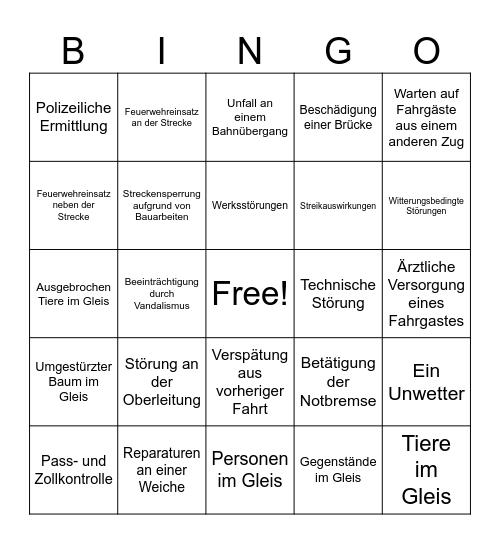 DB Verspätungsgründe Bingo Card
