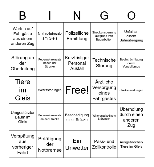 DB Verspätungsgründe Bingo Card