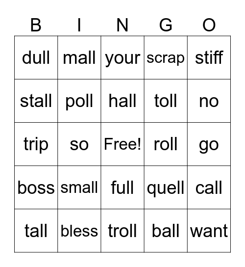 -all, -oll, -ull Bingo Card
