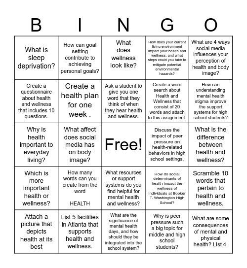 Health and Wellness Bingo Card