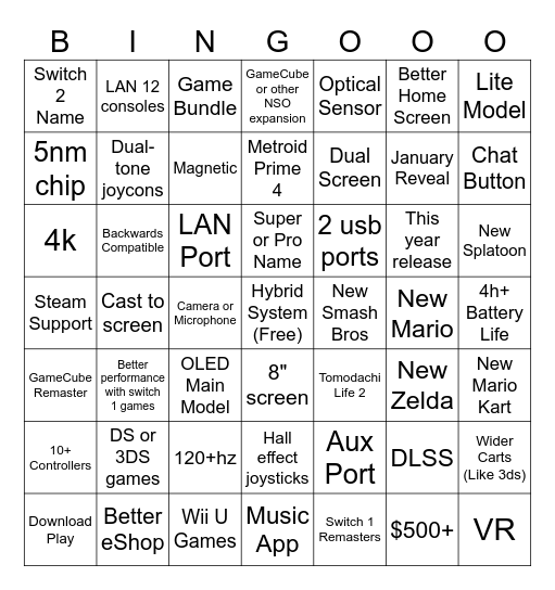 Switch 2 Bingo Card