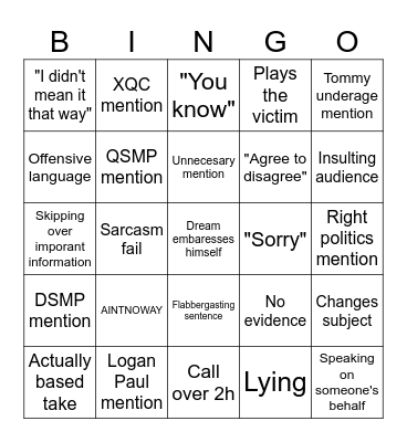 Tubbo & Dream call Bingo Card