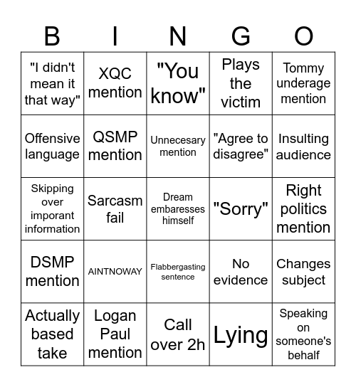 Tubbo & Dream call Bingo Card