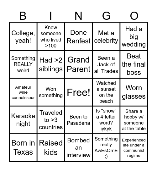 Game of Life - What Have You Done? Bingo Card