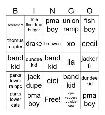 sightings Bingo Card