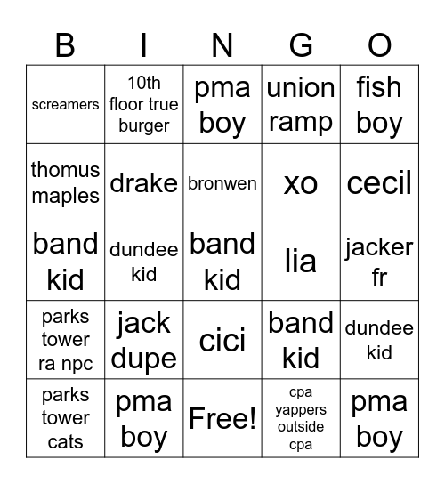 sightings Bingo Card