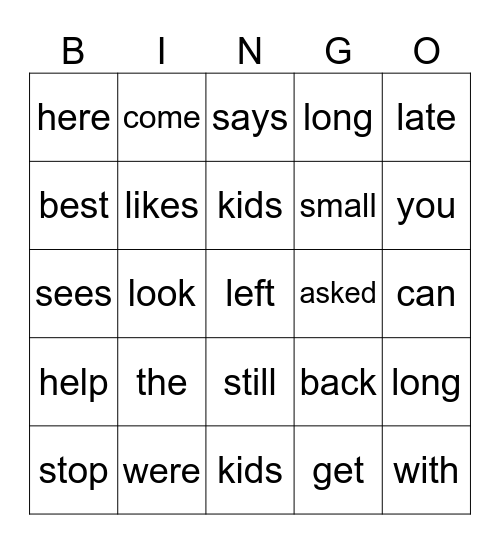 Learning to Read Words Bingo Card