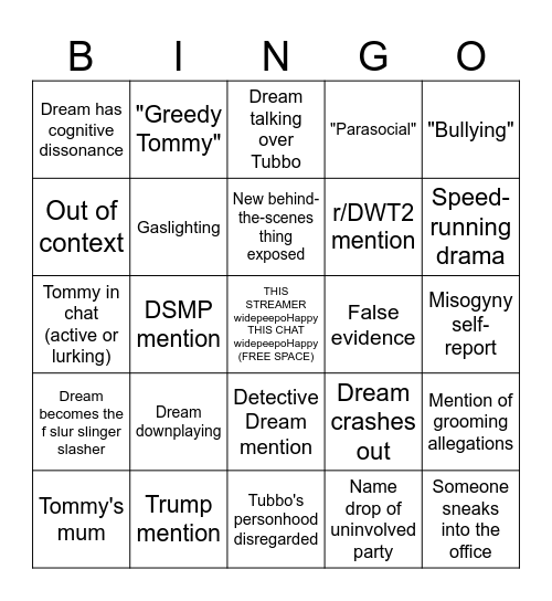 Tubbo and Dream call 2025 stop the party Bingo Card