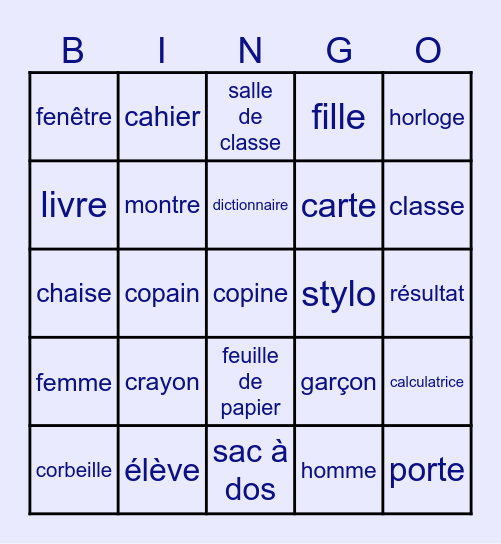 F1 1B Vocabulaire (en français) Bingo Card