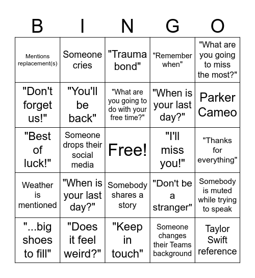 Farewell Bingo Card
