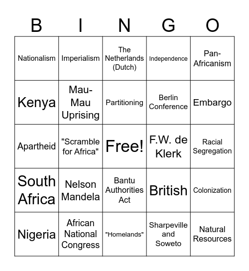 Unit 7: Historical Developments of Africa Bingo Card