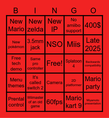 Nintendo switch 2 Bingo Card
