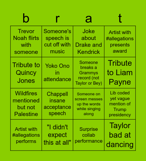 Grammys 2025 Bingo Card