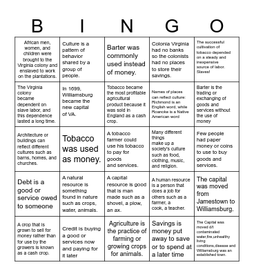 Colonial Virginia Bingo Card