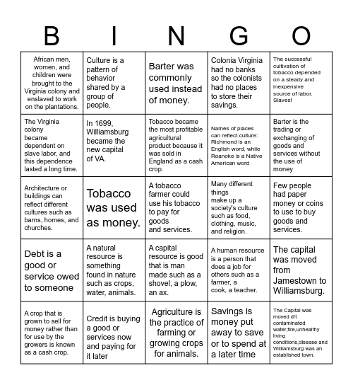 Colonial Virginia Bingo Card
