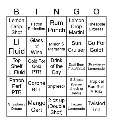 Bar Bingo Card