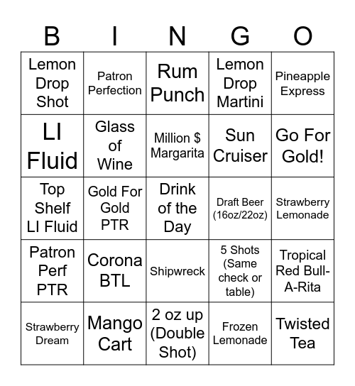 Bar Bingo Card