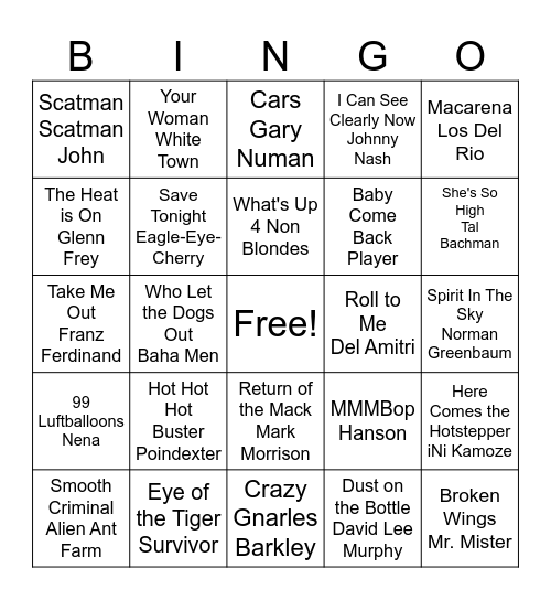 One Hit Wonders Bingo Card