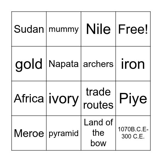 Ancient Kush Kingdom Bingo Game Bingo Card