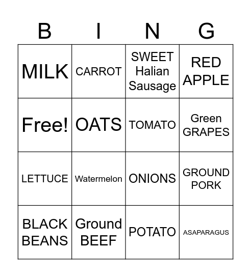 Healthy Eating Bingo Card