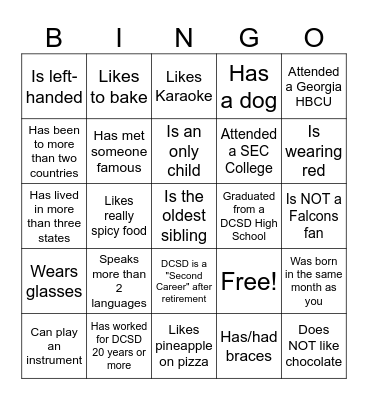 DCSD Human Resources Co-Worker Bingo Card