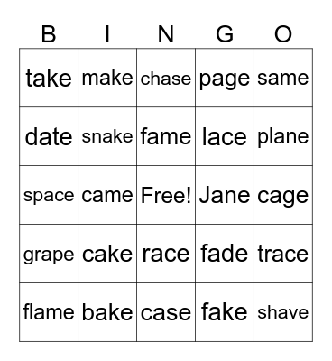 long a silent e Bingo Card