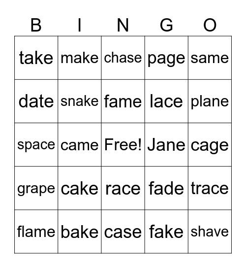 long a silent e Bingo Card
