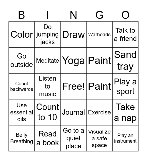 Coping Skills Bingo Card