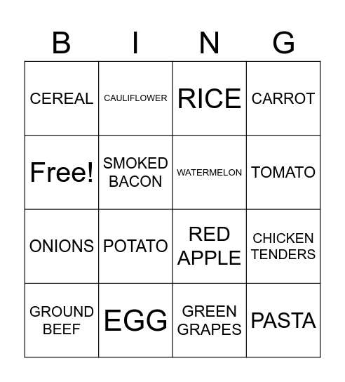 Healthy Eating Bingo Card