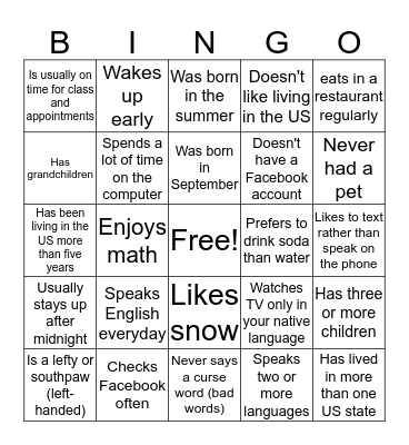 First Day of Class Bingo Card