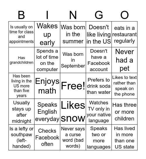 First Day of Class Bingo Card