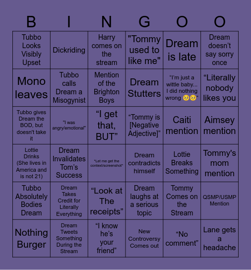 Tubbo and Dream Stream Bingo Card