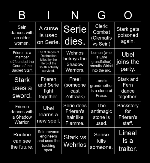 Frieren 2025 Predictions Bingo Card