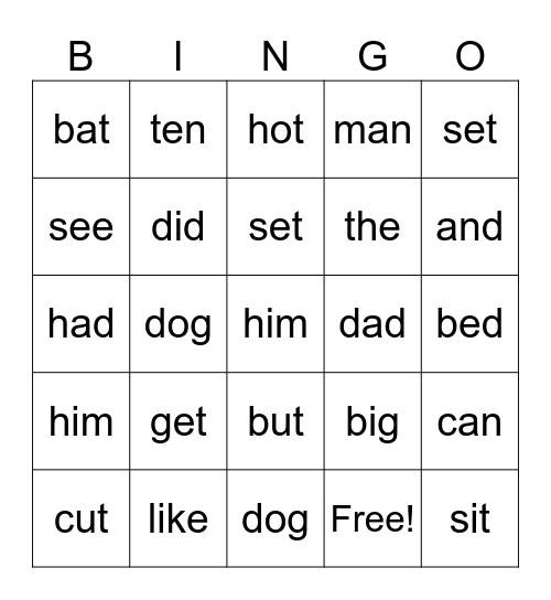 Sight Words Bingo Card