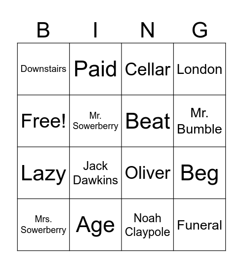 Oliver Twist Bingo Card