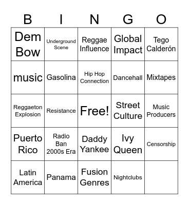 Reggaeton Bingo Card