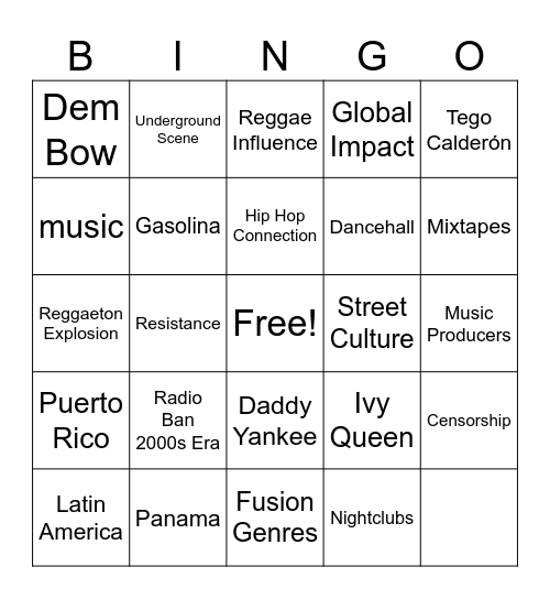 Reggaeton Bingo Card