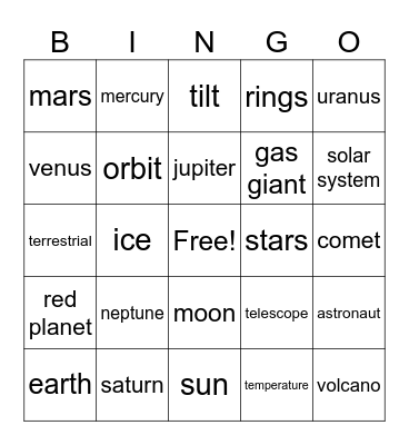 Solar System Bingo Card