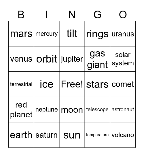 Solar System Bingo Card